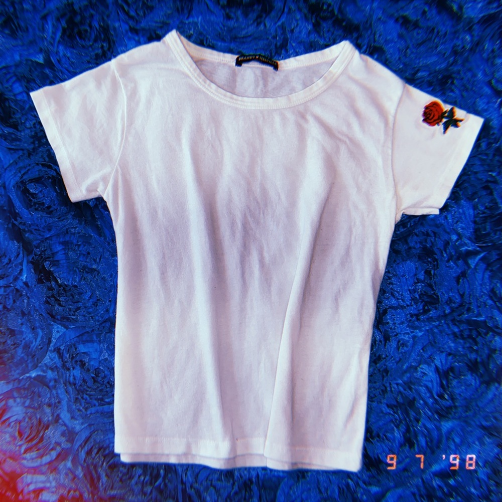 Brandy Melville White T-Shirt With Embroidered Rose Sleeve